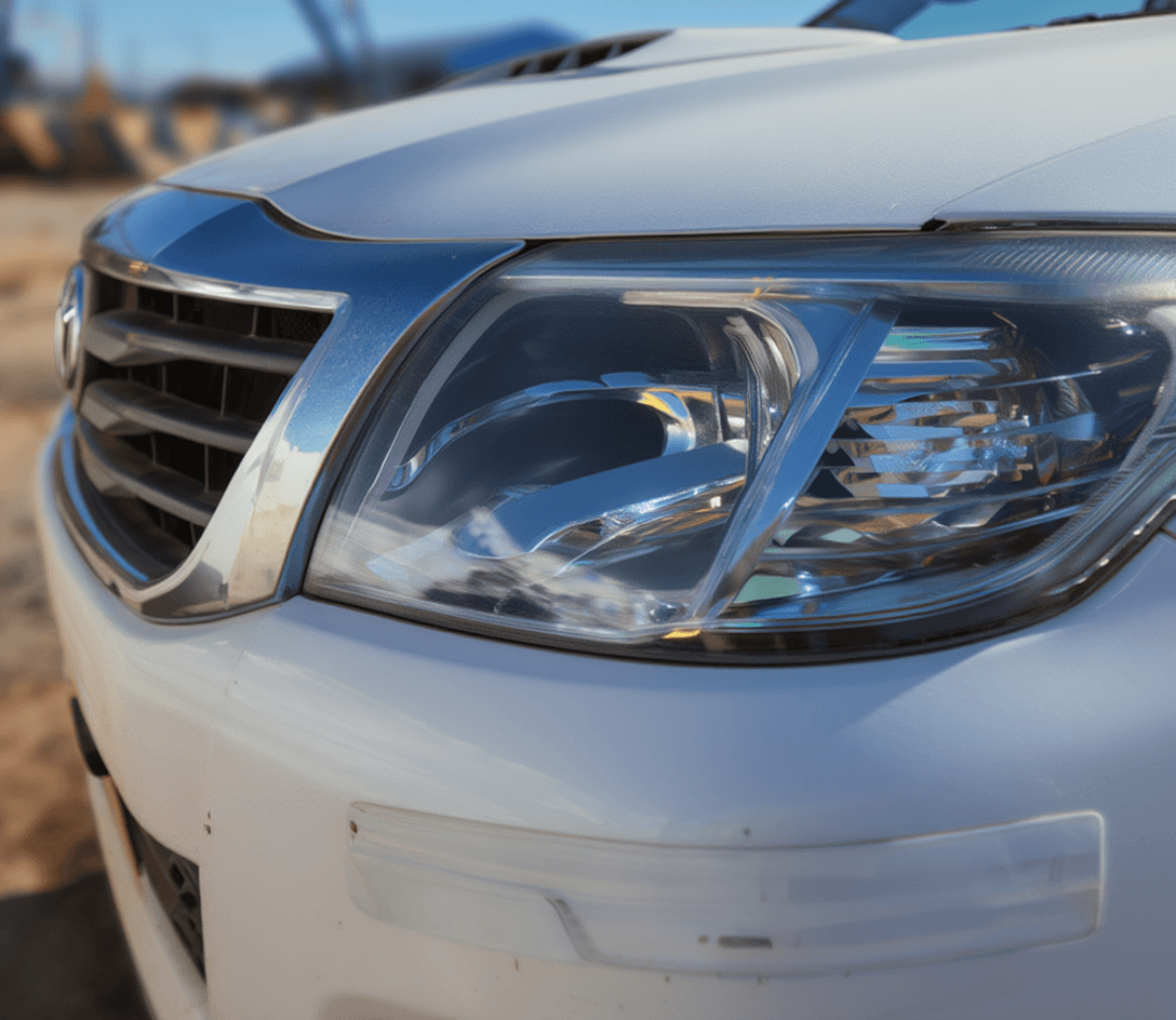 Óptica delantera de Toyota Hilux 2014 transparente y restaurada después del pulido de ópticas en Lusttro Córdoba